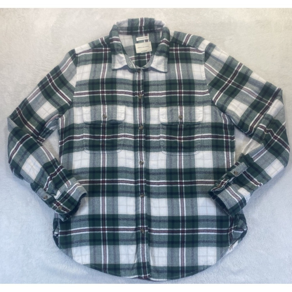 American Eagle Ahh-mazingly Soft Boyfriend Fit Flannel Shirt L Green White